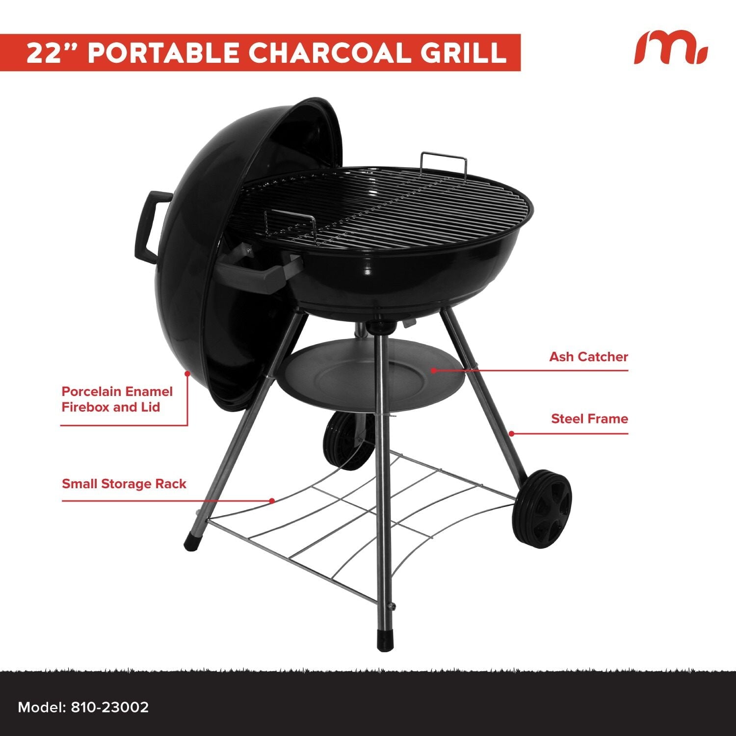 Megamaster – 22 Deluxe Charcoal Barbecue Grill with Adjustable Air Vent, Built-In Temperature Gauge, 368 SQ. In Cooking Area, Storage Rack, Portable Grill for Camping, Picnics, and More - 810-23003