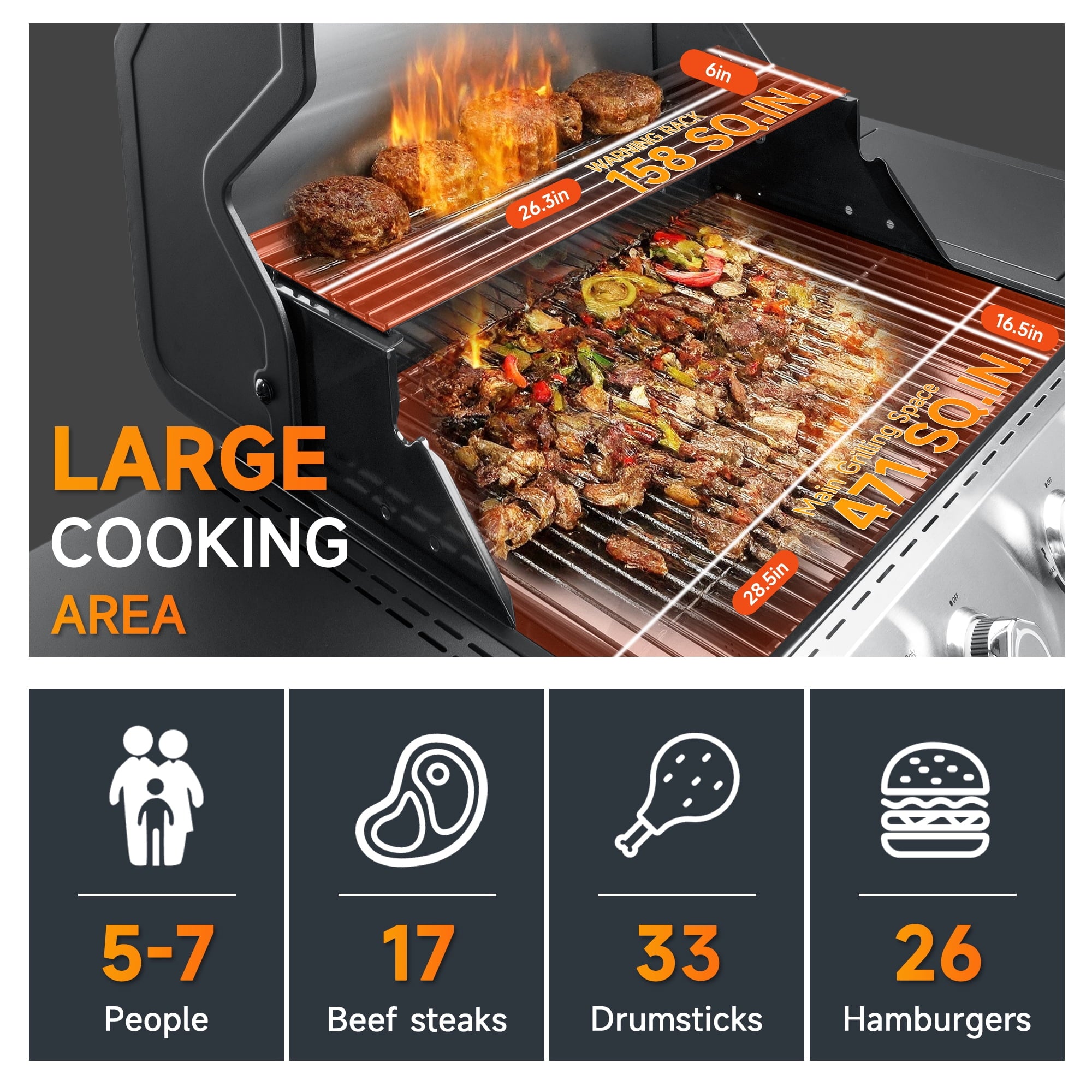 SKOK 4 Burner Gas Grill with Side Burner, 58000 BTU &393 sq.in Cooking Surface, Outdoor Propane Barbecue Grill for Patio & Backyard