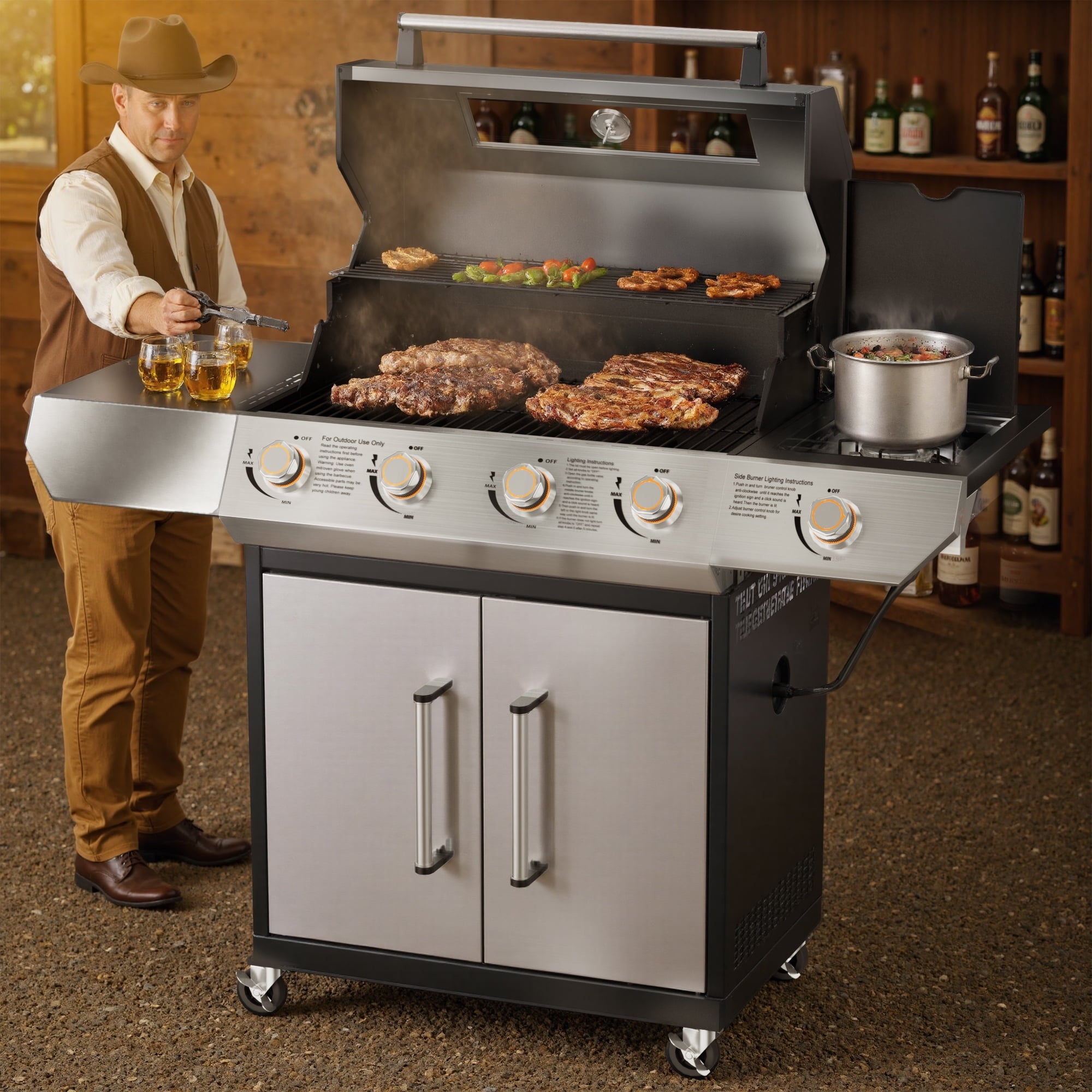 SKOK 4 Burner Gas Grill with Side Burner, 58000 BTU &393 sq.in Cooking Surface, Outdoor Propane Barbecue Grill for Patio & Backyard