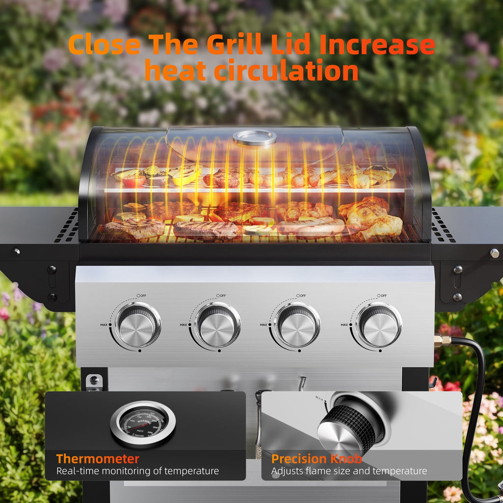 Biotree 4 Burner BBQ Propane Gas Grill, Stainless Steel 38,000 BTU Patio Garden Barbecue Grill with Two Foldable Shelves