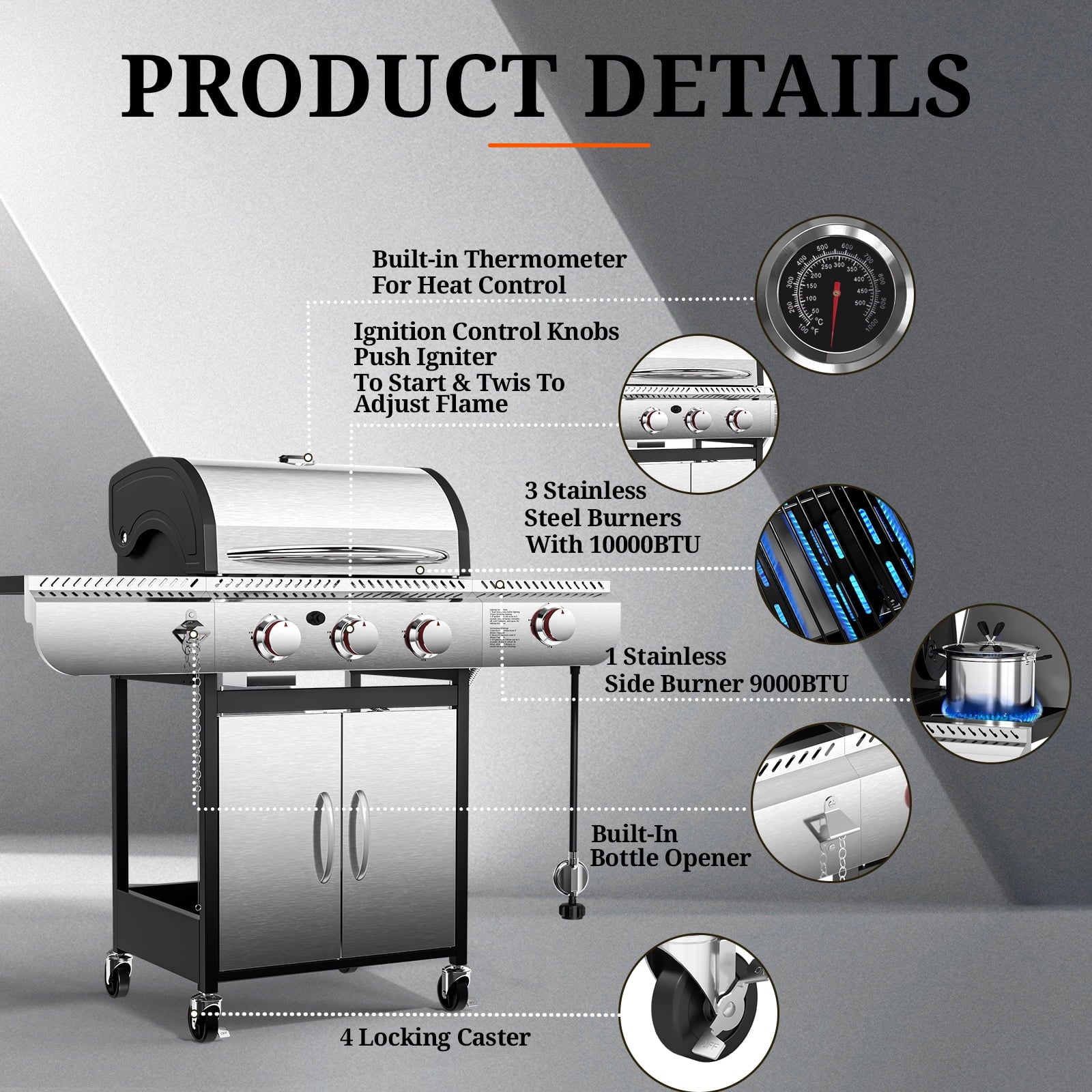 3-Burner Propane Gas Grill with Side Burner,34,000 BTU Stainless Steel BBQ Grill with Side Shelves and Wheels,Outdoor Grill for for Patio,Backyard,Garden,Camping Cooking