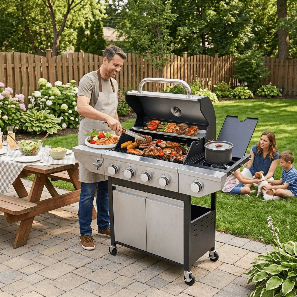 Highsound 4-Burner Propane Gas Grill with Side Burner, 51,000 BTU Outdoor Barbecue Grill, Stainless Steel BBQ Grill for Backyard Cooking, Black