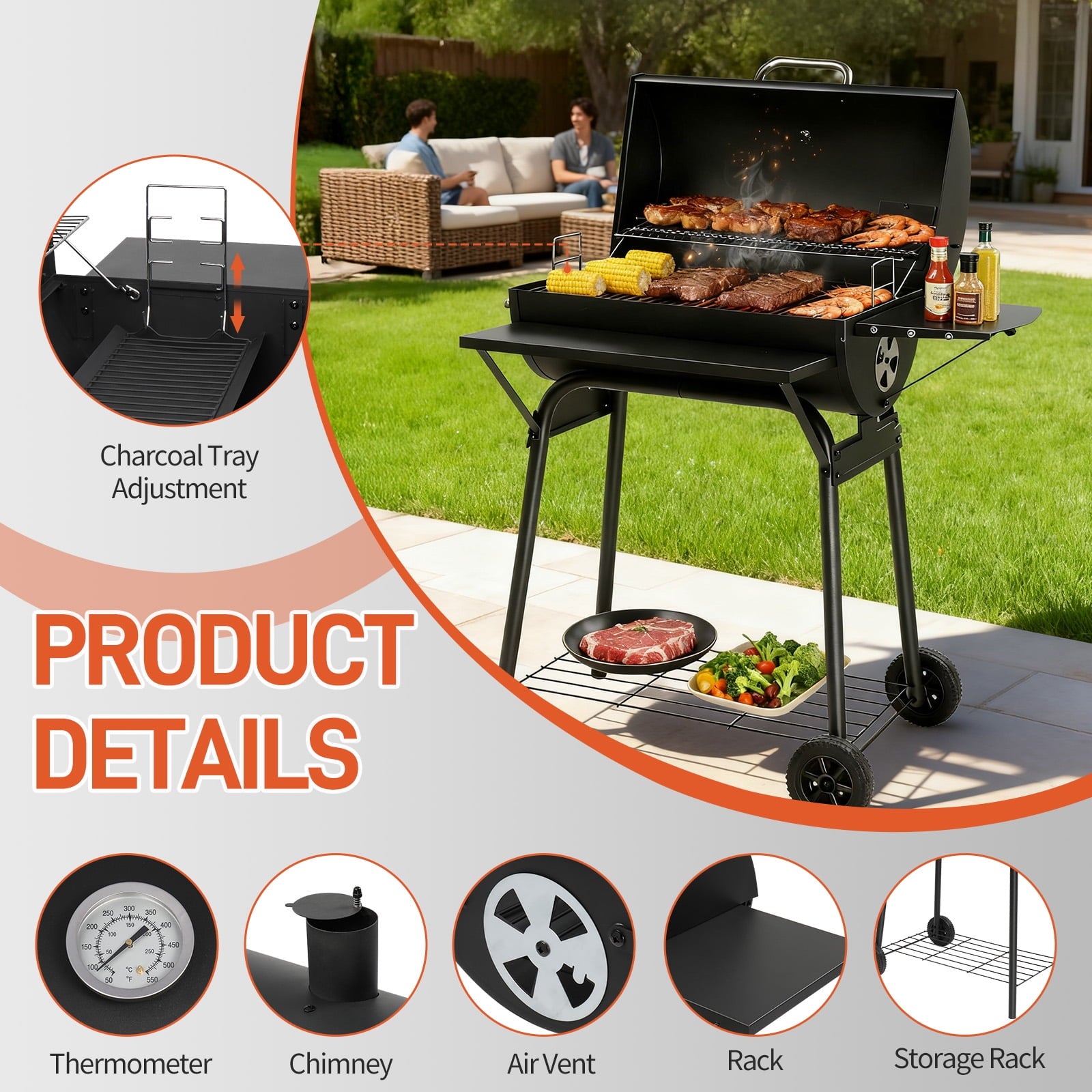 Zimtown BBQ Charcoal Grill Outdoor Barbecue Pit with Offset Smoker for Outdoor Cooking