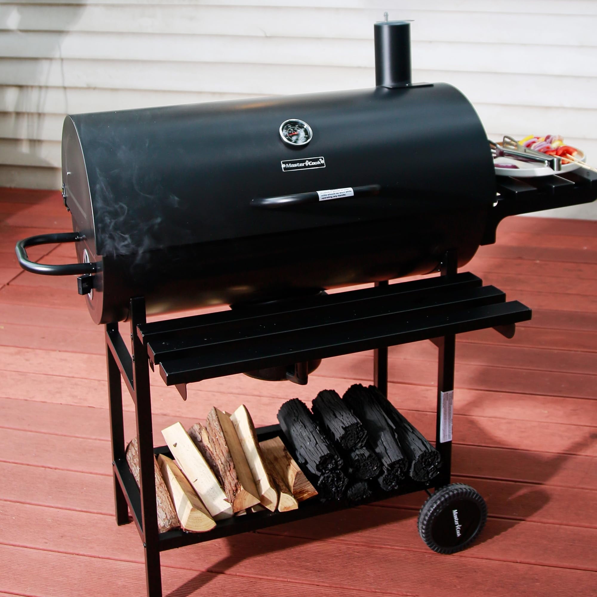 MASTER COOK Barrel Charcoal Grill with Foldable Shelf, Outdoor BBQ Smoker Grill with Thermometer and Adjustable Air Vents