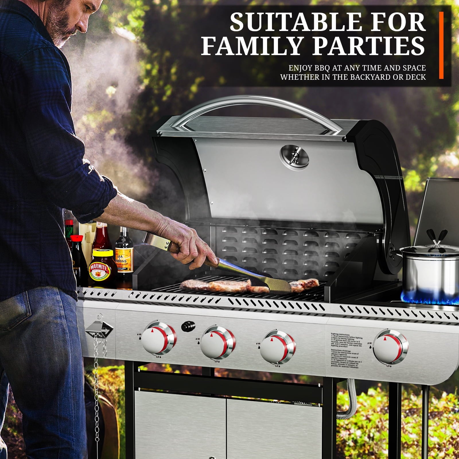 3-Burner Propane Gas Grill with Side Burner,34,000 BTU Stainless Steel BBQ Grill with Side Shelves and Wheels,Outdoor Grill for for Patio,Backyard,Garden,Camping Cooking