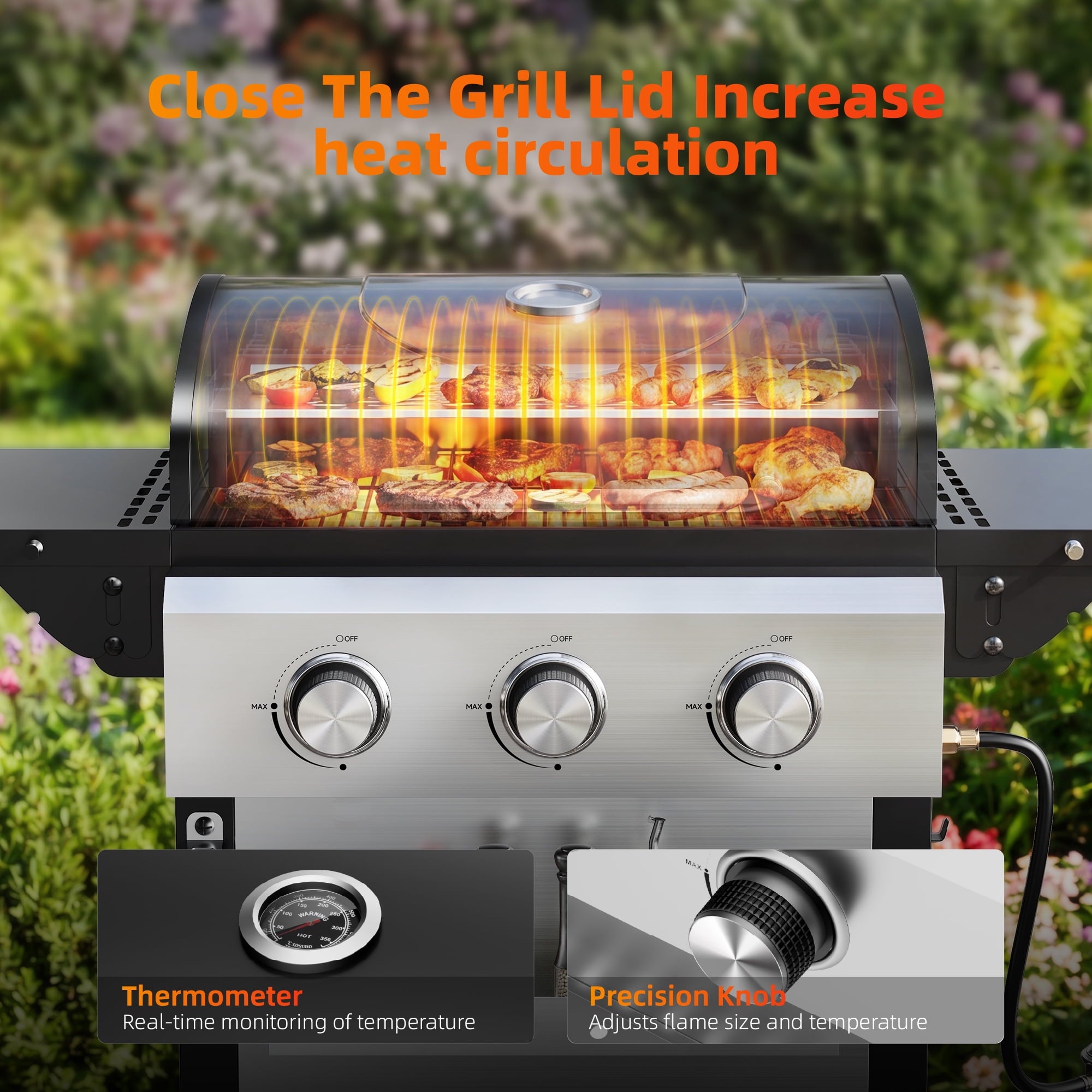Biotree 4 Burner BBQ Propane Gas Grill, Stainless Steel 38,000 BTU Patio Garden Barbecue Grill with Two Foldable Shelves