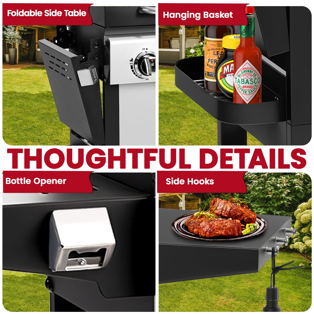 Enyopro 3-Burner Propane Gas Grill, 30000 BTU BBQ Grill with Foldable Side Table, Stainless Steel Warming Rack, Hooks, and Built-In Bottle Opener for Outdoor Barbecue