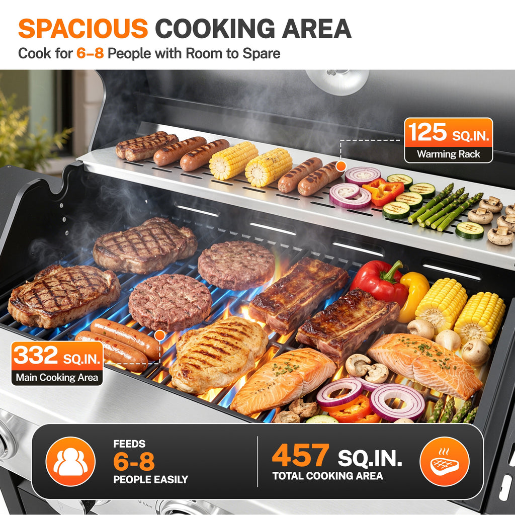Segmart 3 Burner Propane Gas Grill with Side Burner, 37,000 BTU Outdoor Cooking BBQ Grill with Porcelain-Enameled Cast Iron Grates, Equipped with Temperature, Tool Hooks, and Bottle Opener