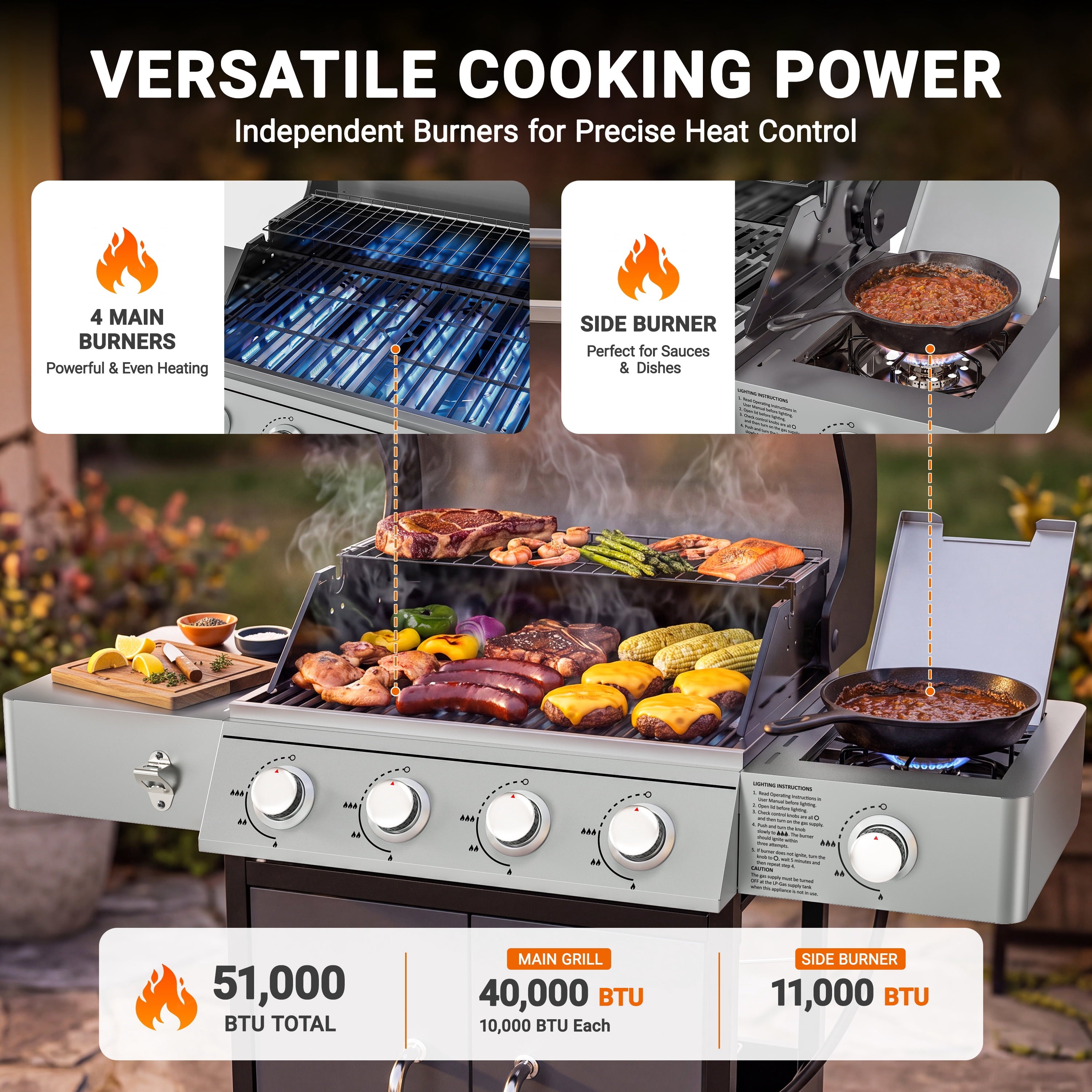 3-Burner Gas Grill with Side Burner, 40,500 BTU Propane BBQ Grill with Porcelain-Enameled Cast Iron Grates, Built-in Thermometer, Ideal for Patio Camping Outdoor Cooking