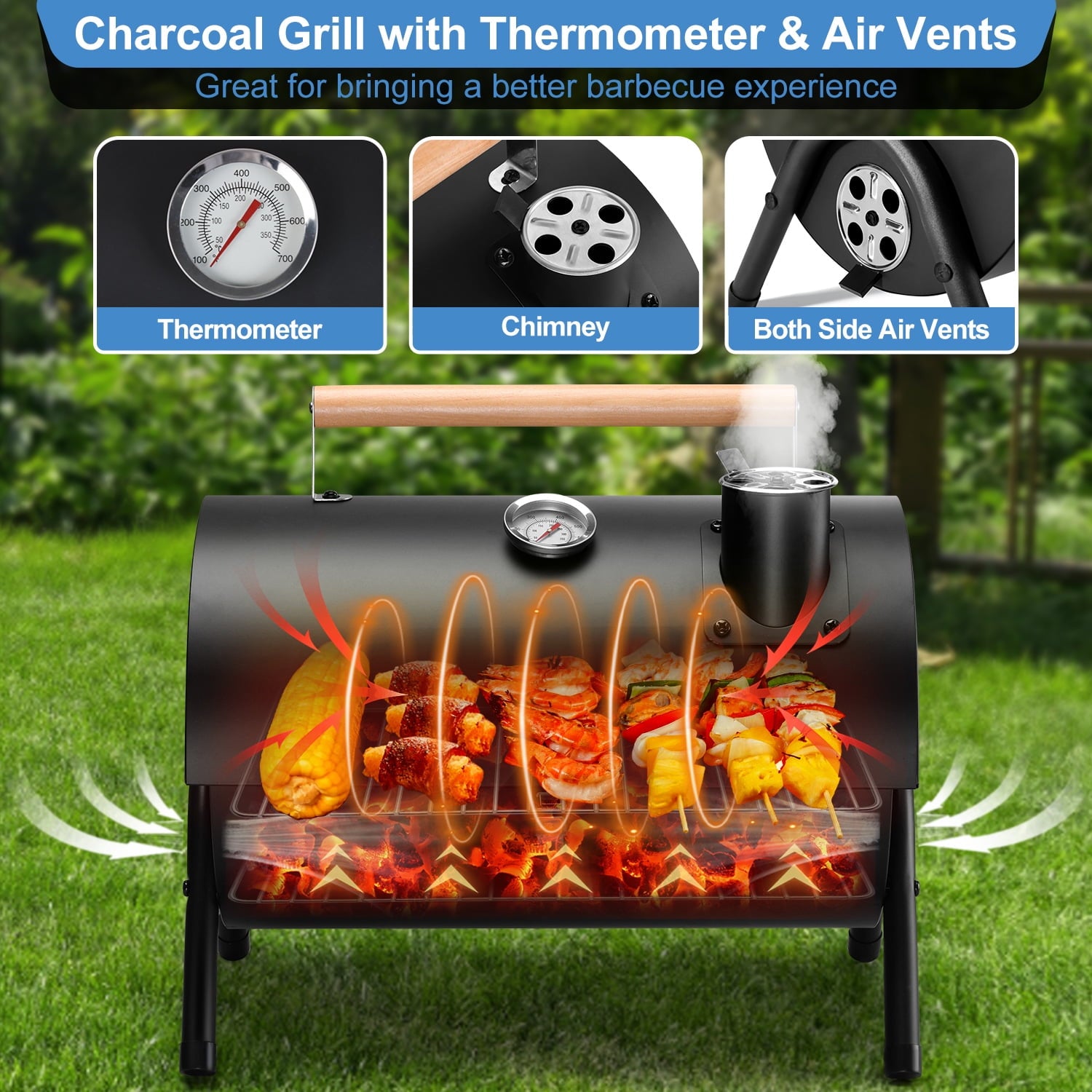 Walchoice Tabletop Charcoal Grill with Thermometer & Chimney, Small Portable Barbecue Grill for Outdoor Cooking Camping Picnic Backyard Beach - Black