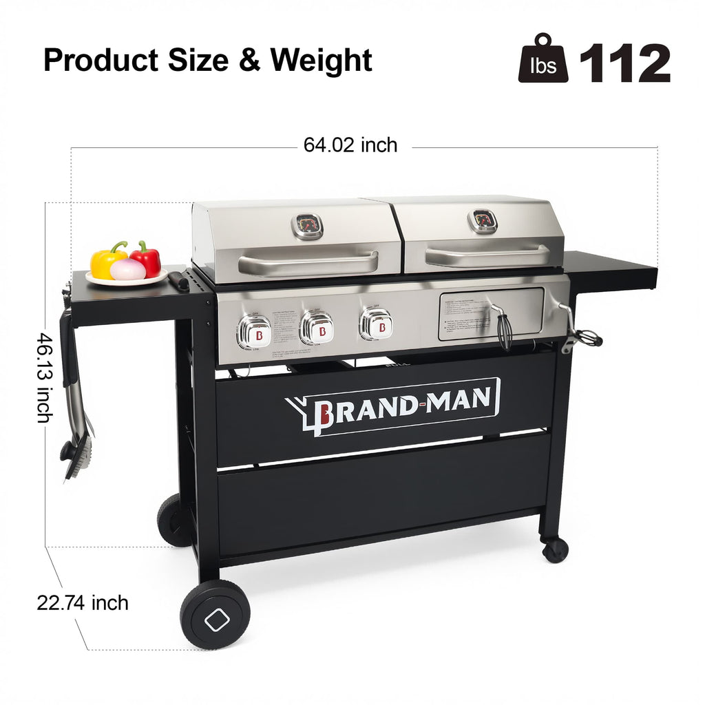 Brand Man Propane Gas & Charcoal Grill Combo with Griddle Dual Fuel BBQ Grill for Outdoor Barbecue, Black