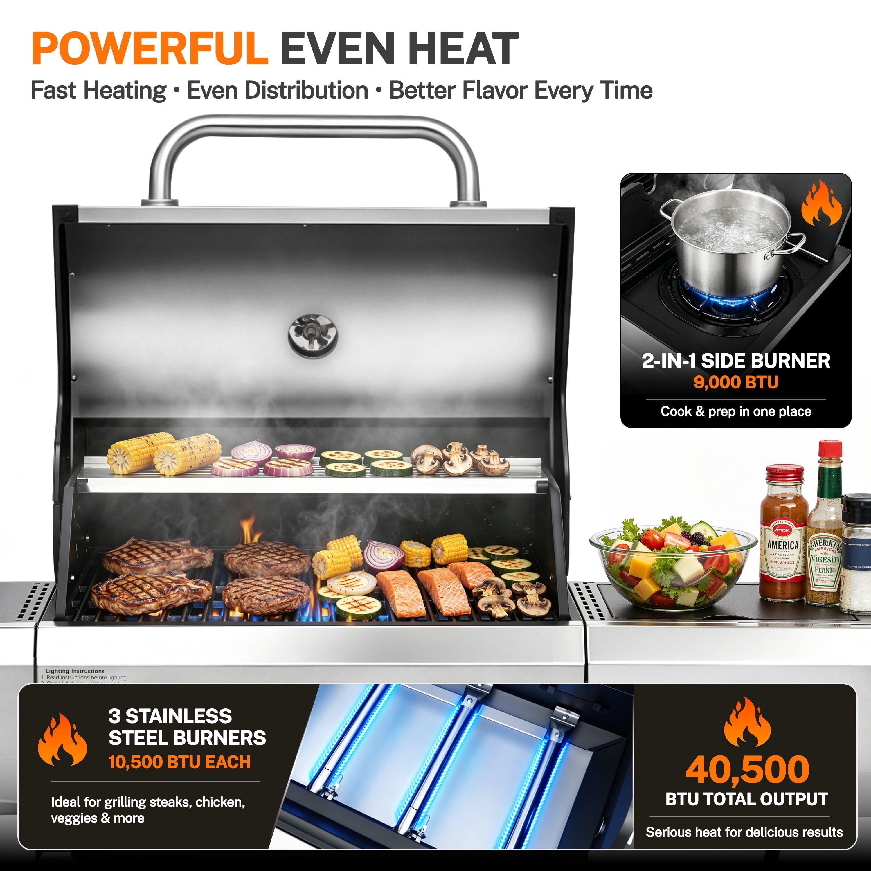 3-Burner Gas Grill with Side Burner, 40,500 BTU Propane BBQ Grill with Porcelain-Enameled Cast Iron Grates, Built-in Thermometer, Ideal for Patio Camping Outdoor Cooking