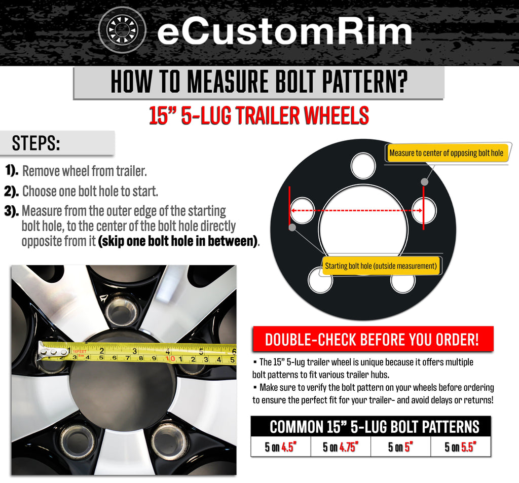 eCustomrim 2-Pk Radial Trailer Tire Rim ST205/75R15 Load C 5 Lug Aluminum T07 Black Wheel