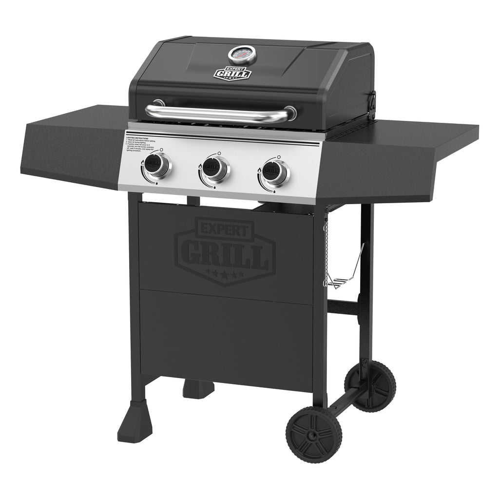 Expert Grill, 3-Burner Propane Gas Grill with Side Table and Wheels, Black
