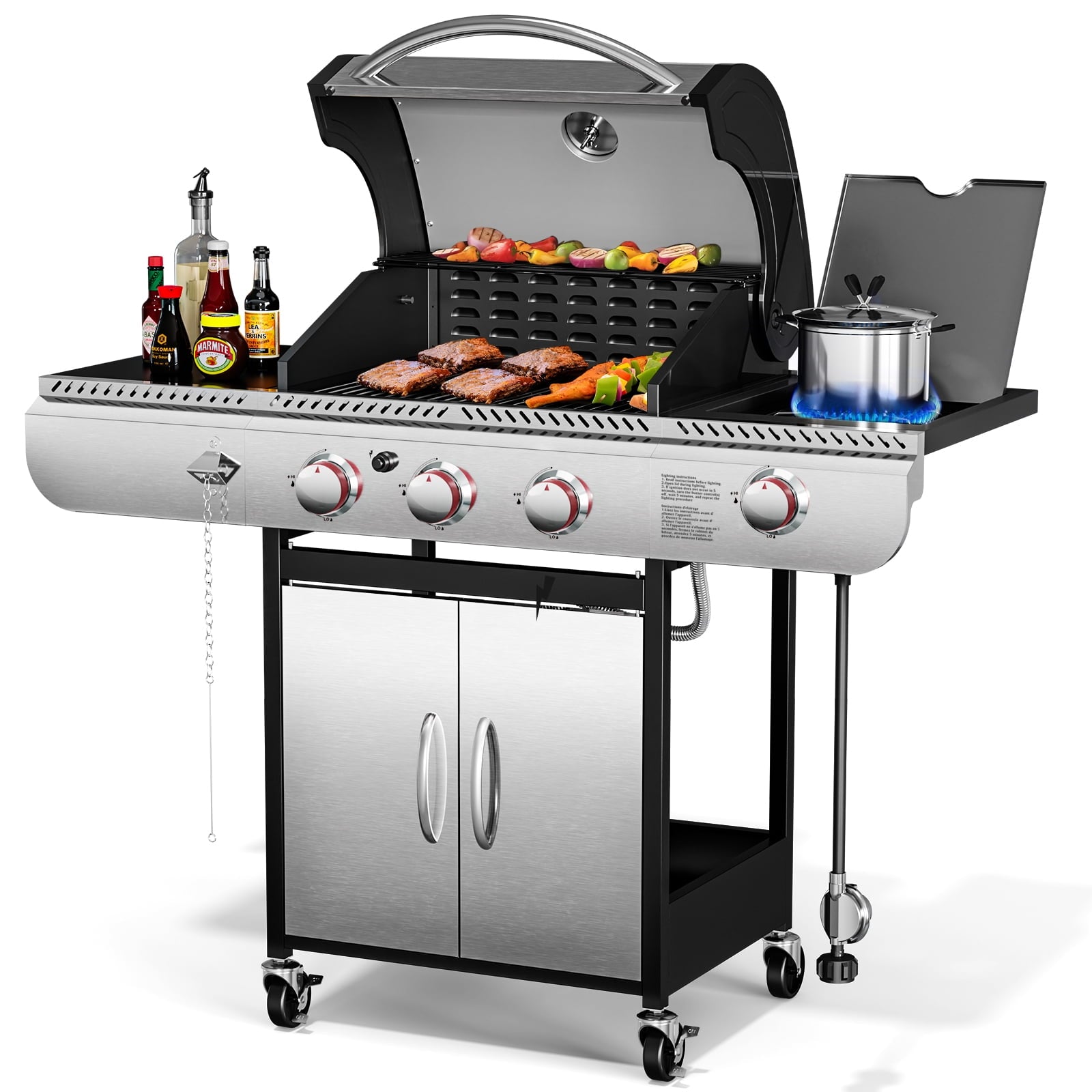 3-Burner Propane Gas Grill with Side Burner,34,000 BTU Stainless Steel BBQ Grill with Side Shelves and Wheels,Outdoor Grill for for Patio,Backyard,Garden,Camping Cooking