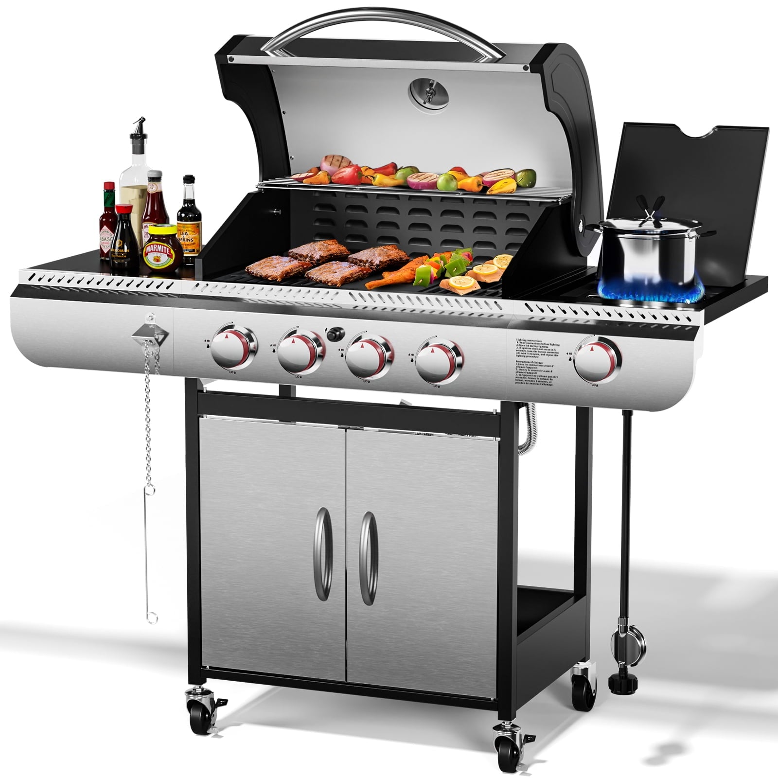3-Burner Propane Gas Grill with Side Burner,34,000 BTU Stainless Steel BBQ Grill with Side Shelves and Wheels,Outdoor Grill for for Patio,Backyard,Garden,Camping Cooking