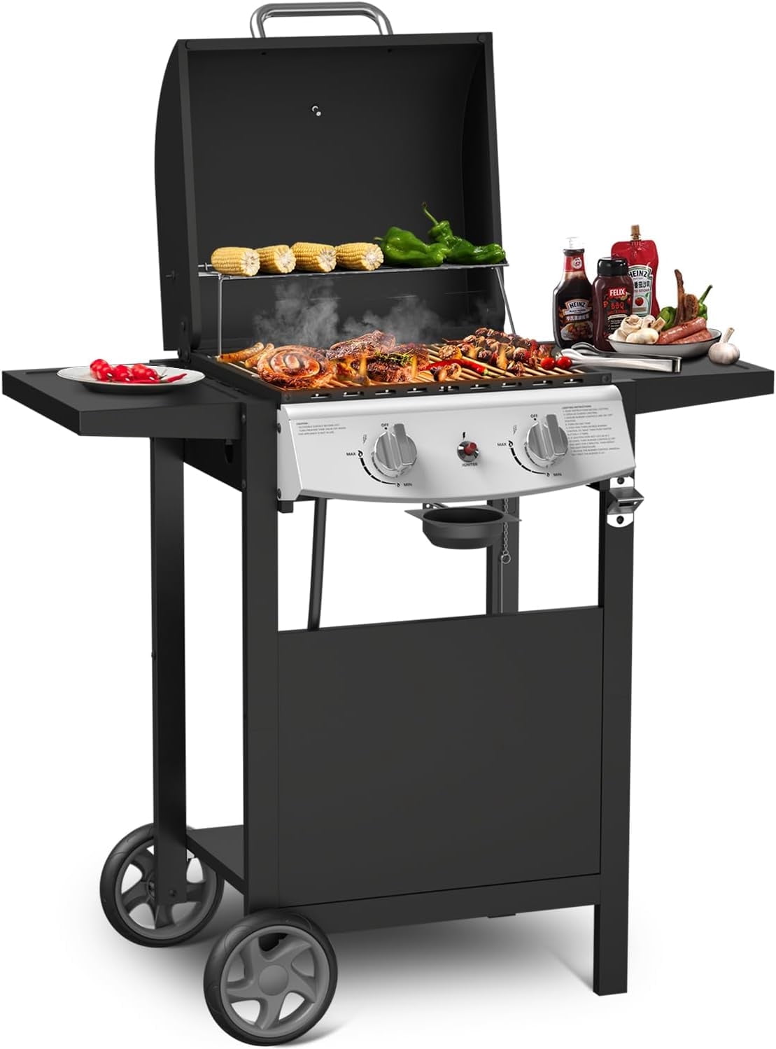 3-Burner Propane Gas Grill with Side Burner,34,000 BTU Stainless Steel BBQ Grill with Side Shelves and Wheels,Outdoor Grill for for Patio,Backyard,Garden,Camping Cooking