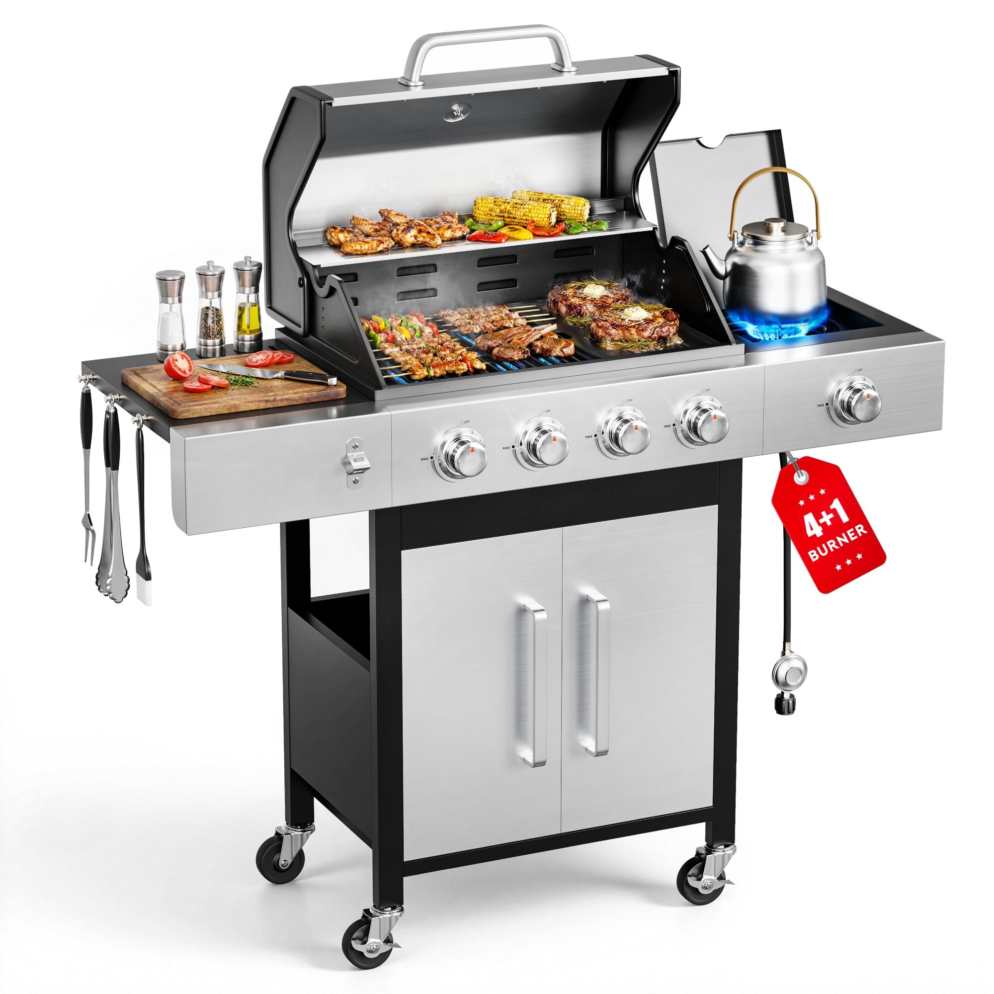 Biotree 3 Burner Gas Grill with Side Burner,40800 BTU Barbecue Grill Propane Stainless Steel BBQ Grill with Porcelain-Enameled Cast Iron Grates for Outdoor Cooking