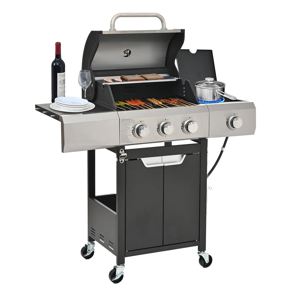Highsound 4-Burner Propane Gas Grill with Side Burner, 51,000 BTU Outdoor Barbecue Grill, Stainless Steel BBQ Grill for Backyard Cooking, Black