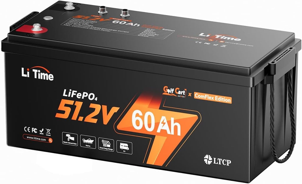 LiTime 48V 60Ah Lithium Golf Cart Battery, LiFePO4 Battery, Built-in Smart 120A BMS, Max 61.44kW Power Output, Perfect for Golf Carts like Club Car, EZGO, Yamaha