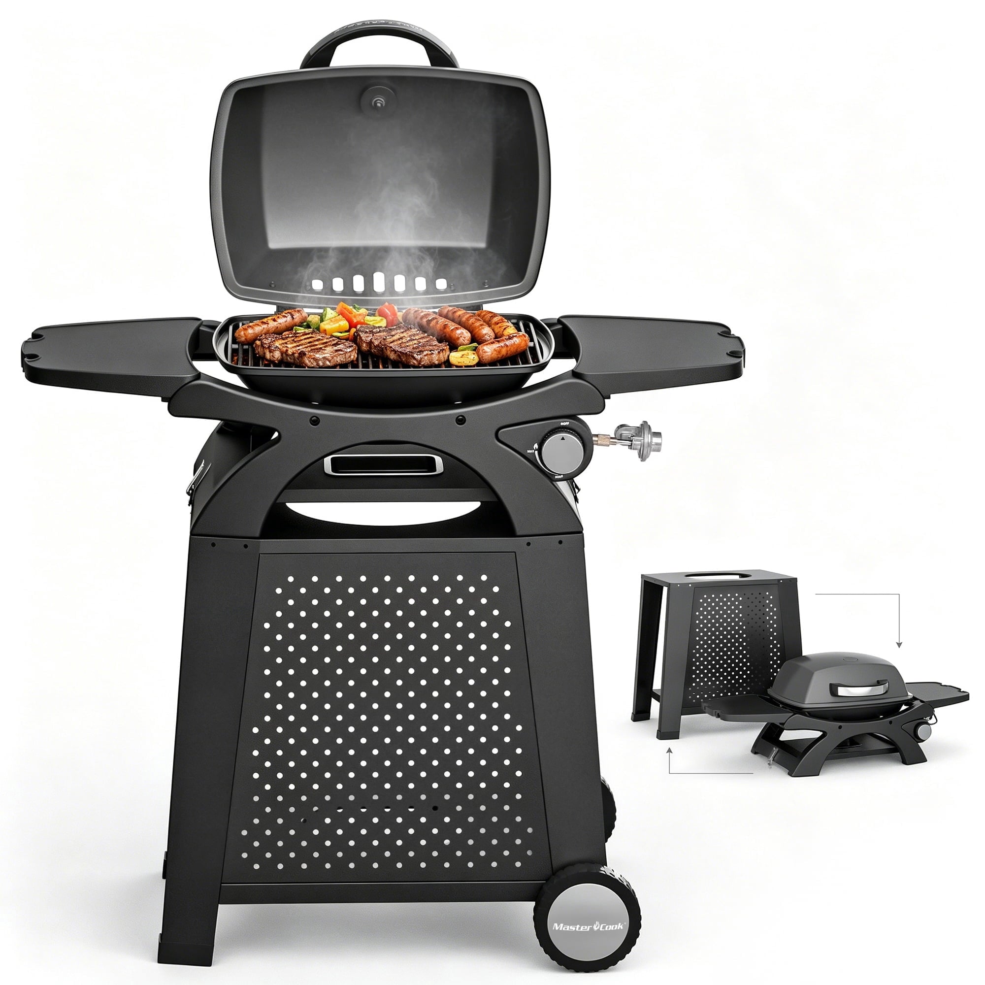 MASTER COOK Propane Gas Grill, Portable Tabletop Barbecue Grill with Cart for Patio, Camping, Travel