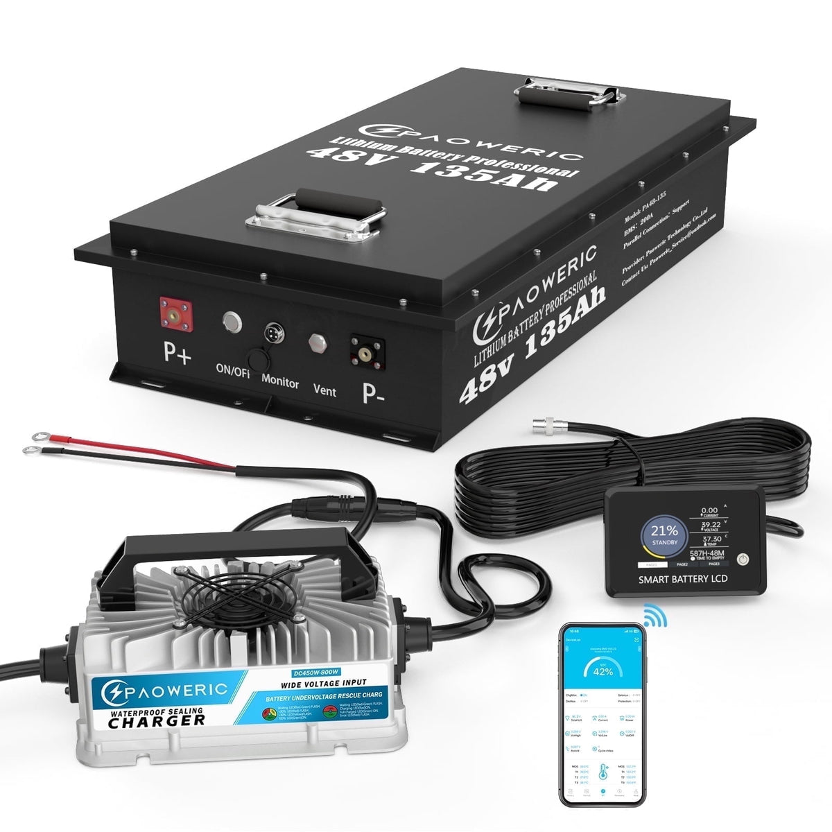 36V 100Ah LiFePO4 Lithium Battery for Golf Carts with Charger, Smart 200A BMS, LCD Display, and App Control, Up to 7680W Output, Ideal for Golf Carts and Trolling Motors