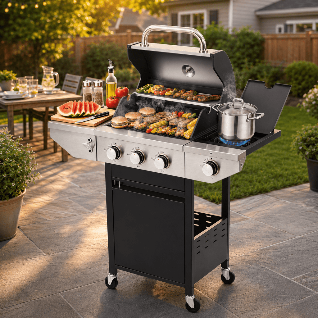 Segmart 3 Burner Propane Gas Grill with Side Burner, 37,000 BTU Outdoor Cooking BBQ Grill with Porcelain-Enameled Cast Iron Grates, Equipped with Temperature, Tool Hooks, and Bottle Opener