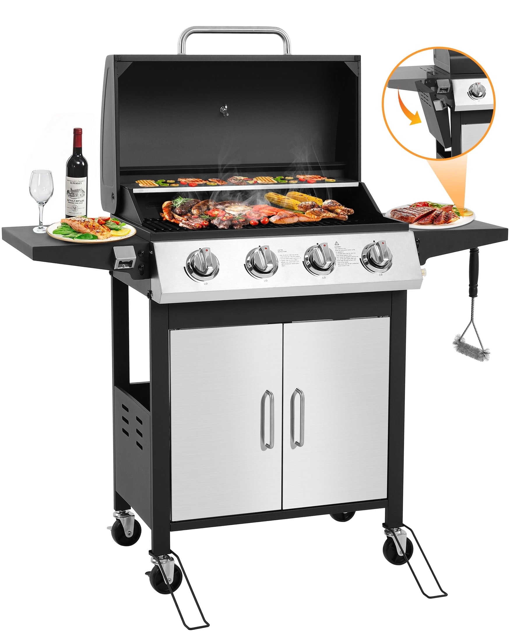 SEGMART 3 Burner BBQ Propane Gas Grill, Stainless Steel 30,000 BTU Patio Garden Barbecue Grill with Side Tables, Cleaning Brush & Thermometer, Perfect for Camping, Outdoor Cooking