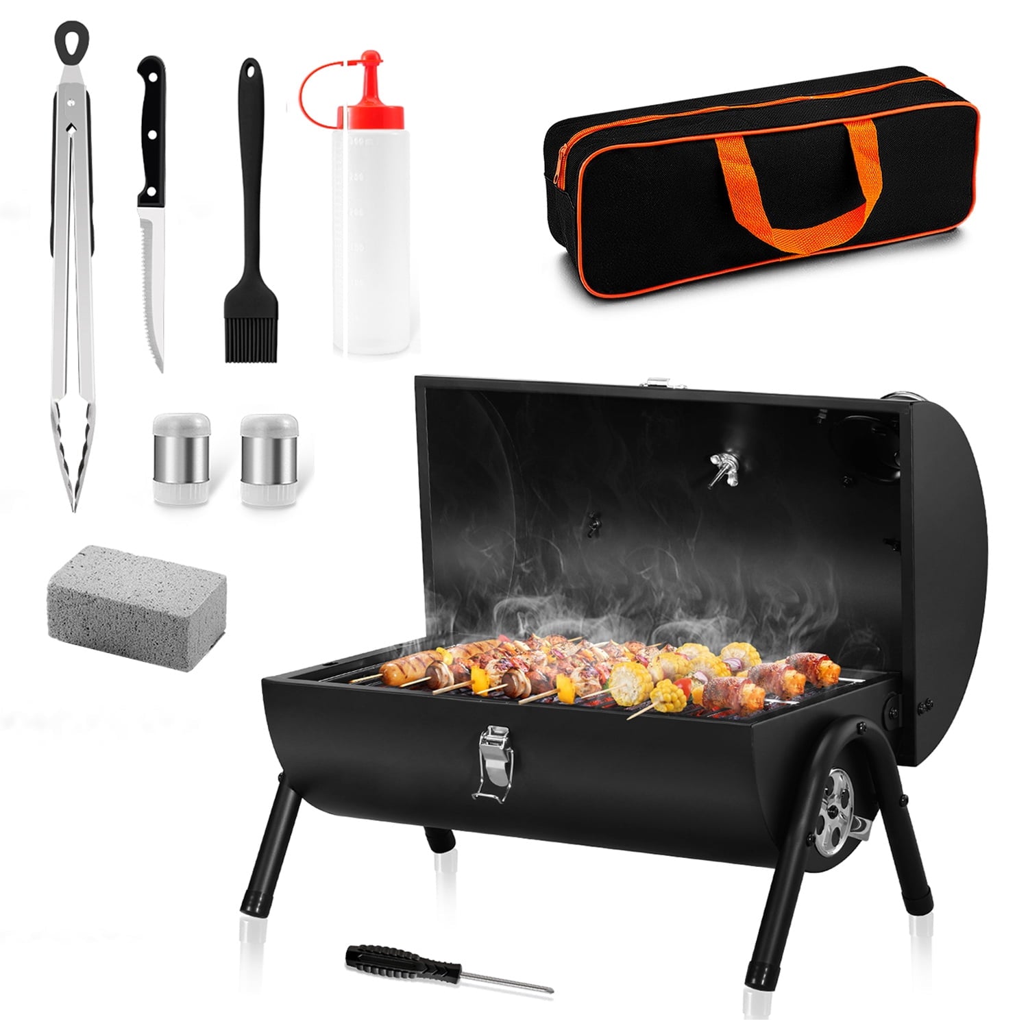 Walchoice Tabletop Charcoal Grill with Thermometer & Chimney, Small Portable Barbecue Grill for Outdoor Cooking Camping Picnic Backyard Beach - Black