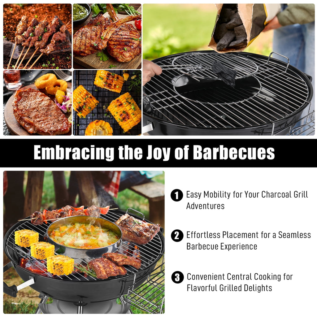 28-Inch Portable Charcoal Grill with Wheels and Storage Holder, Porcelain-Enameled Lid and Ash Catcher & Thermometer, Round Barbecue Kettle Grill Bowl Wheels for Outdoor Party Camping Picnic