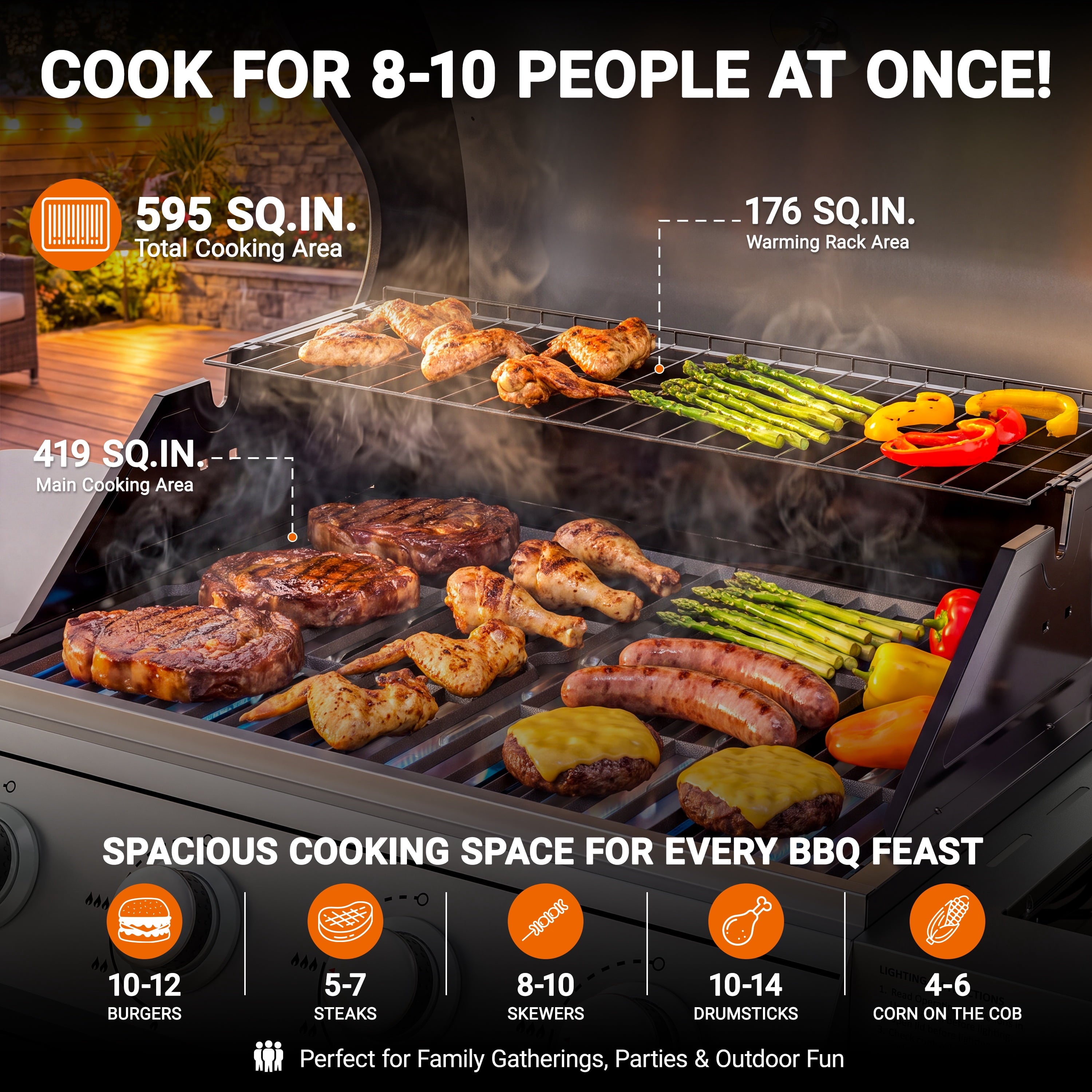 3-Burner Gas Grill with Side Burner, 40,500 BTU Propane BBQ Grill with Porcelain-Enameled Cast Iron Grates, Built-in Thermometer, Ideal for Patio Camping Outdoor Cooking
