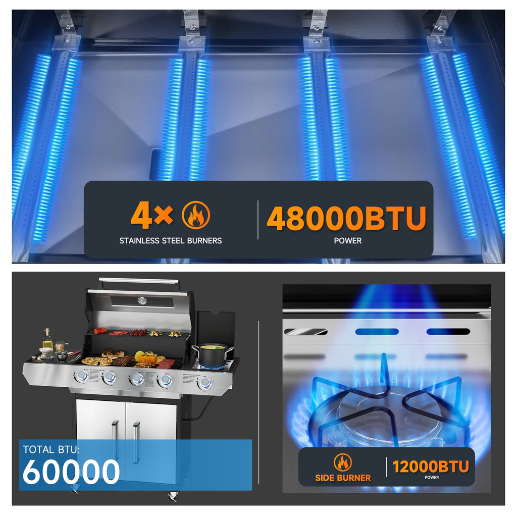 SKOK 4 Burner Gas Grill with Side Burner, 58000 BTU &393 sq.in Cooking Surface, Outdoor Propane Barbecue Grill for Patio & Backyard