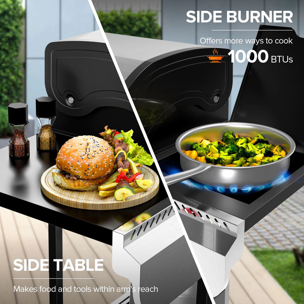 LHRIVER Stainless Steel 3 Burner Propane Gas Grill with Side Burner, 34,000 BTU Patio Garden Barbecue Grill,Porcelain-Enameled Cast Iron Grates