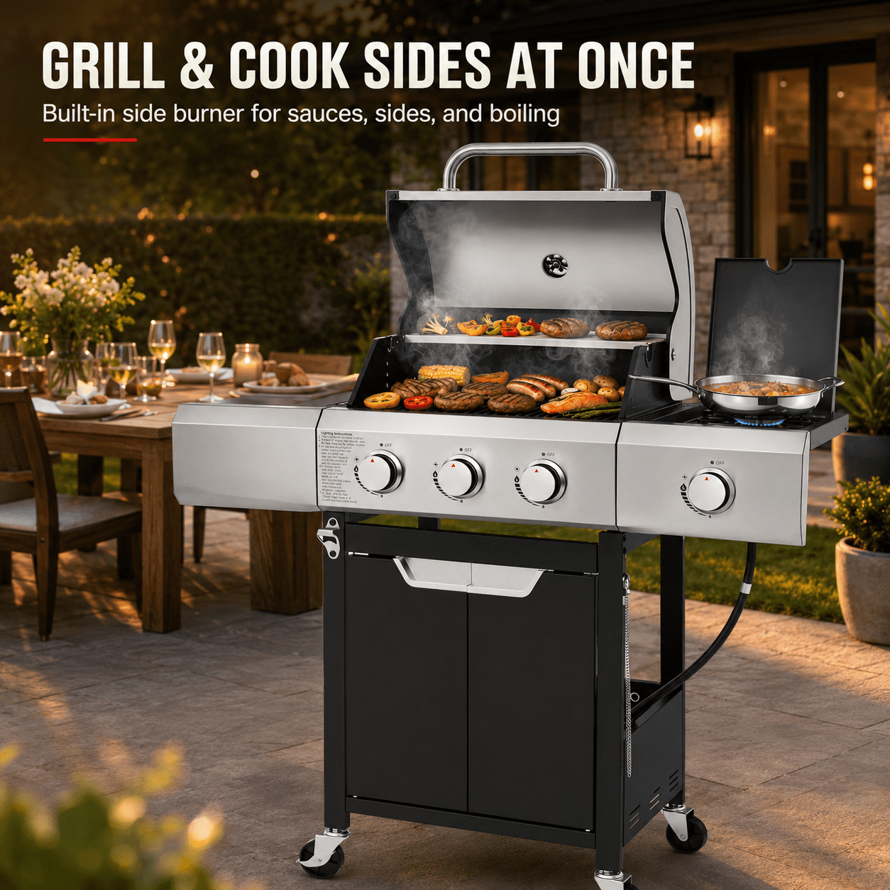 3-Burner Gas Grill with Side Burner, 40,500 BTU Propane BBQ Grill with Porcelain-Enameled Cast Iron Grates, Built-in Thermometer, Ideal for Patio Camping Outdoor Cooking