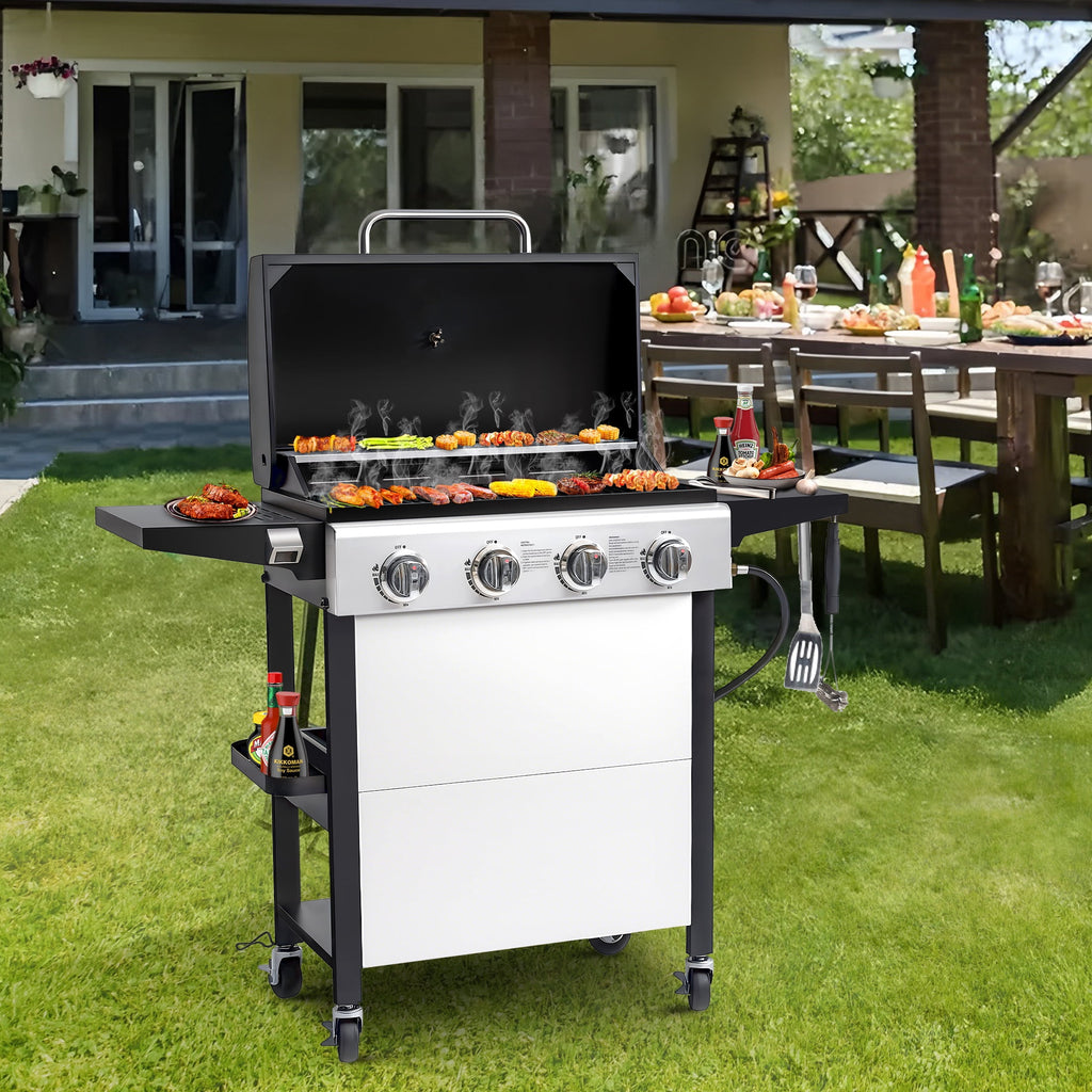 Segmart 3 Burner BBQ Propane Gas Grill, Stainless Steel 27,000 BTU Patio Garden Barbecue Grill with Side Tables, Hanging Basket & Thermometer, Perfect for Camping, Outdoor Cooking