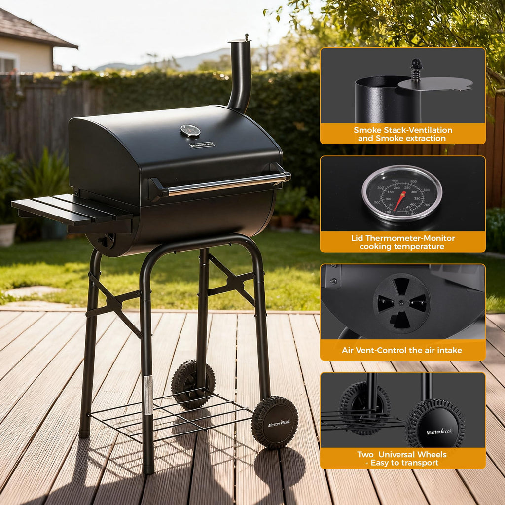 Master Cook Outdoor 30 Inch Barrel Charcoal Grills with Side Tables, Outdoor Smoker BBQ grill for Camping, Patio, Black