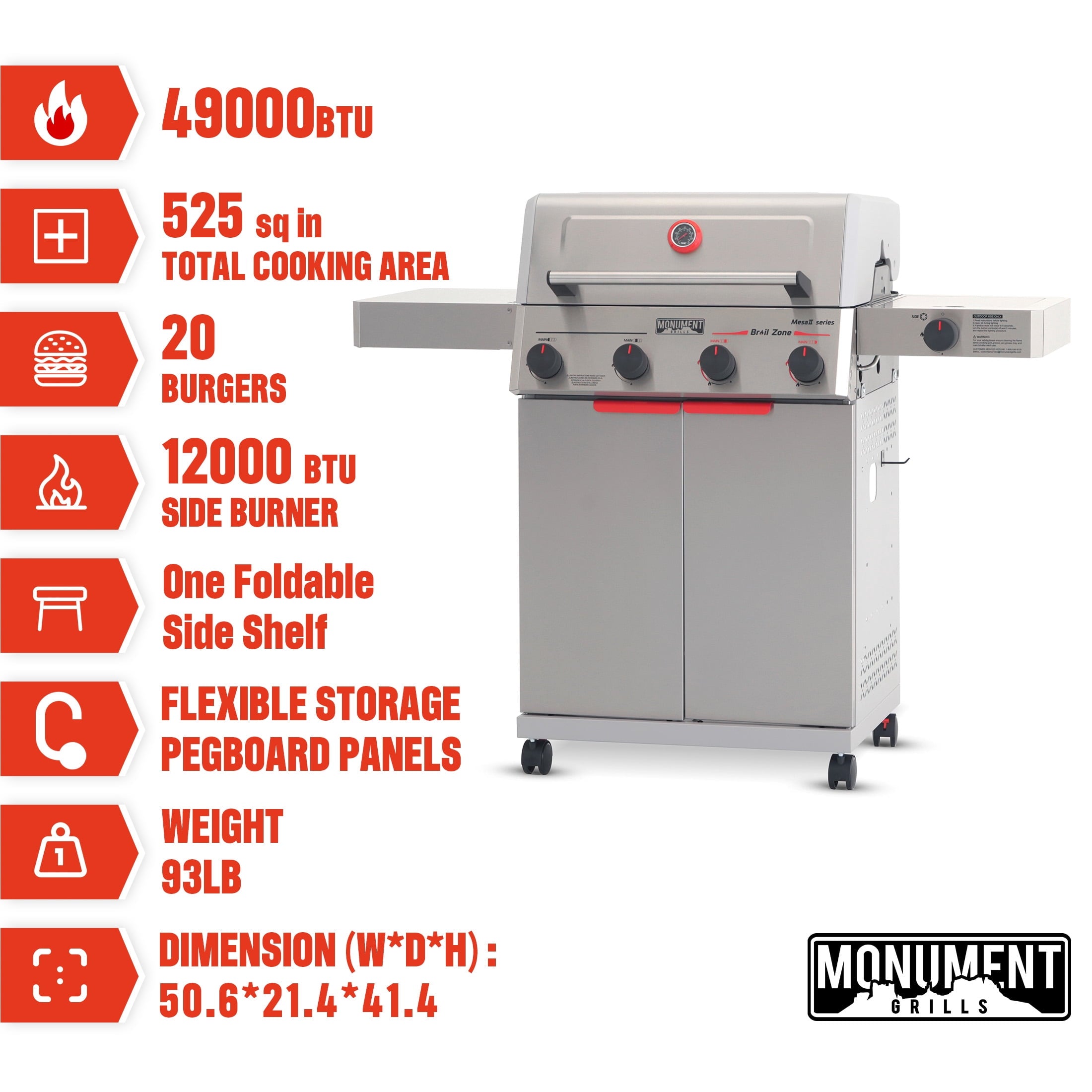Monument Grills 4 +1 Burner Propane Gas Grill,49,000 BTU Stainless Steel Outdoor Patio Barbecue Grill with Folding Shelves and Flip Rack,Mesa II 415BZ