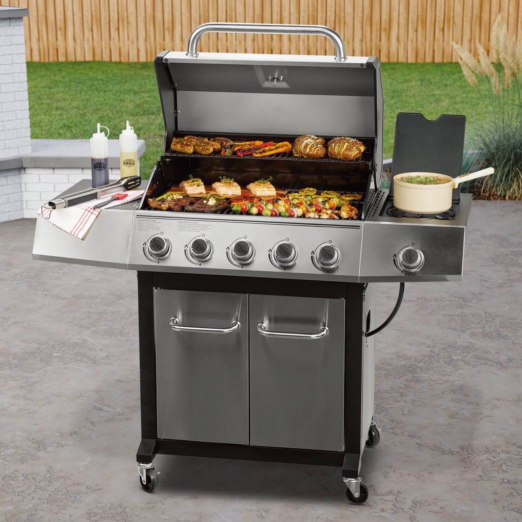 Expert Grill 5-Burner Propane Gas Grill with Side Burner, and Side Table, Stainless Steel