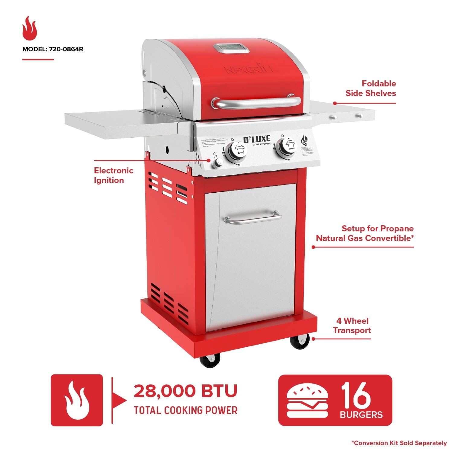 Nexgrill Deluxe 2-Burner Gas Grill with 401 SQ In Grate, 28000 BTUs, Stainless Steel Control Panel & Foldable Side Table, Propane BBQ Grill for Outdoor Cooking, Patios, Backyards and More -720-0864RA
