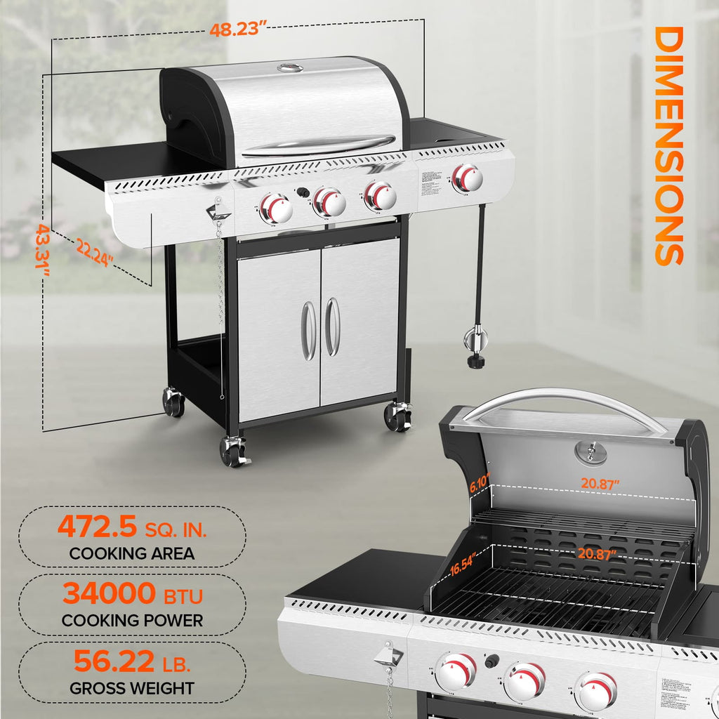 LHRIVER Stainless Steel 3 Burner Propane Gas Grill with Side Burner, 34,000 BTU Patio Garden Barbecue Grill,Porcelain-Enameled Cast Iron Grates