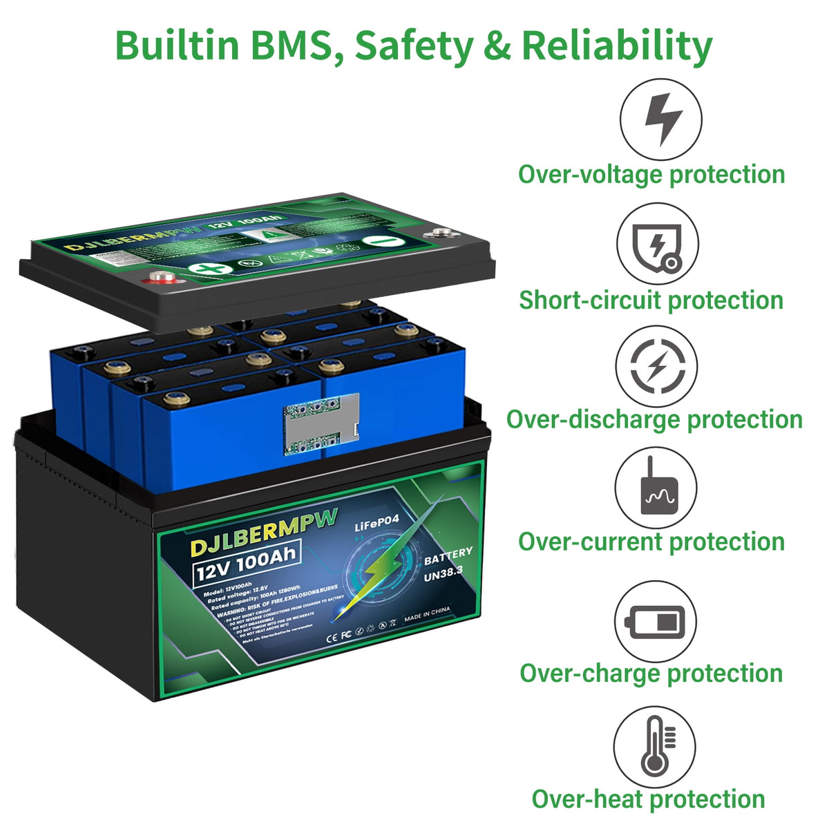 4Pack 12V 100Ah LiFePO4 Lithium Battery, DJLBERMPW 15000+ Deep Cycle Battery 100A BMS for 3HP Golf Cart, Marine, Backup Power, Solar System