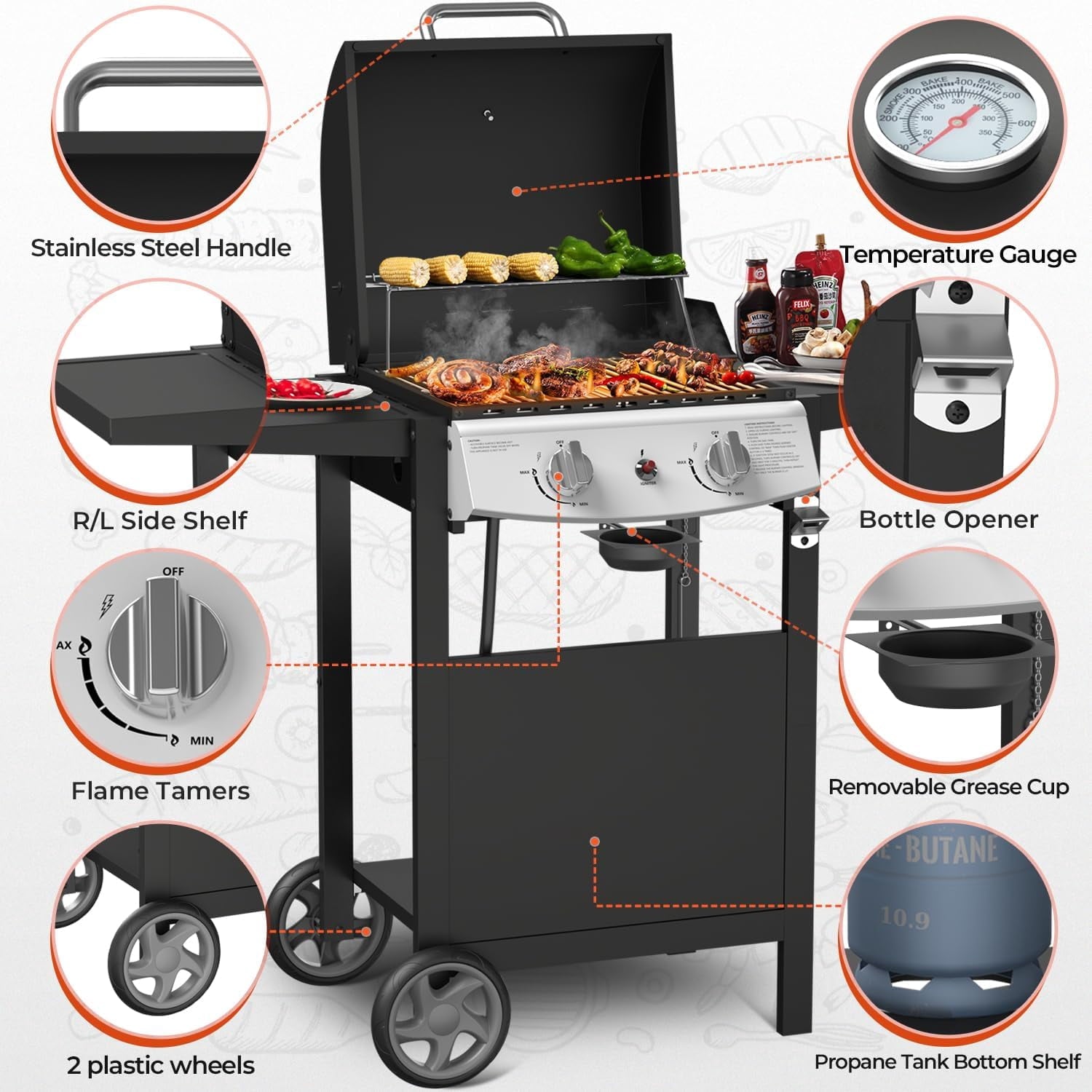 3-Burner Propane Gas Grill with Side Burner,34,000 BTU Stainless Steel BBQ Grill with Side Shelves and Wheels,Outdoor Grill for for Patio,Backyard,Garden,Camping Cooking