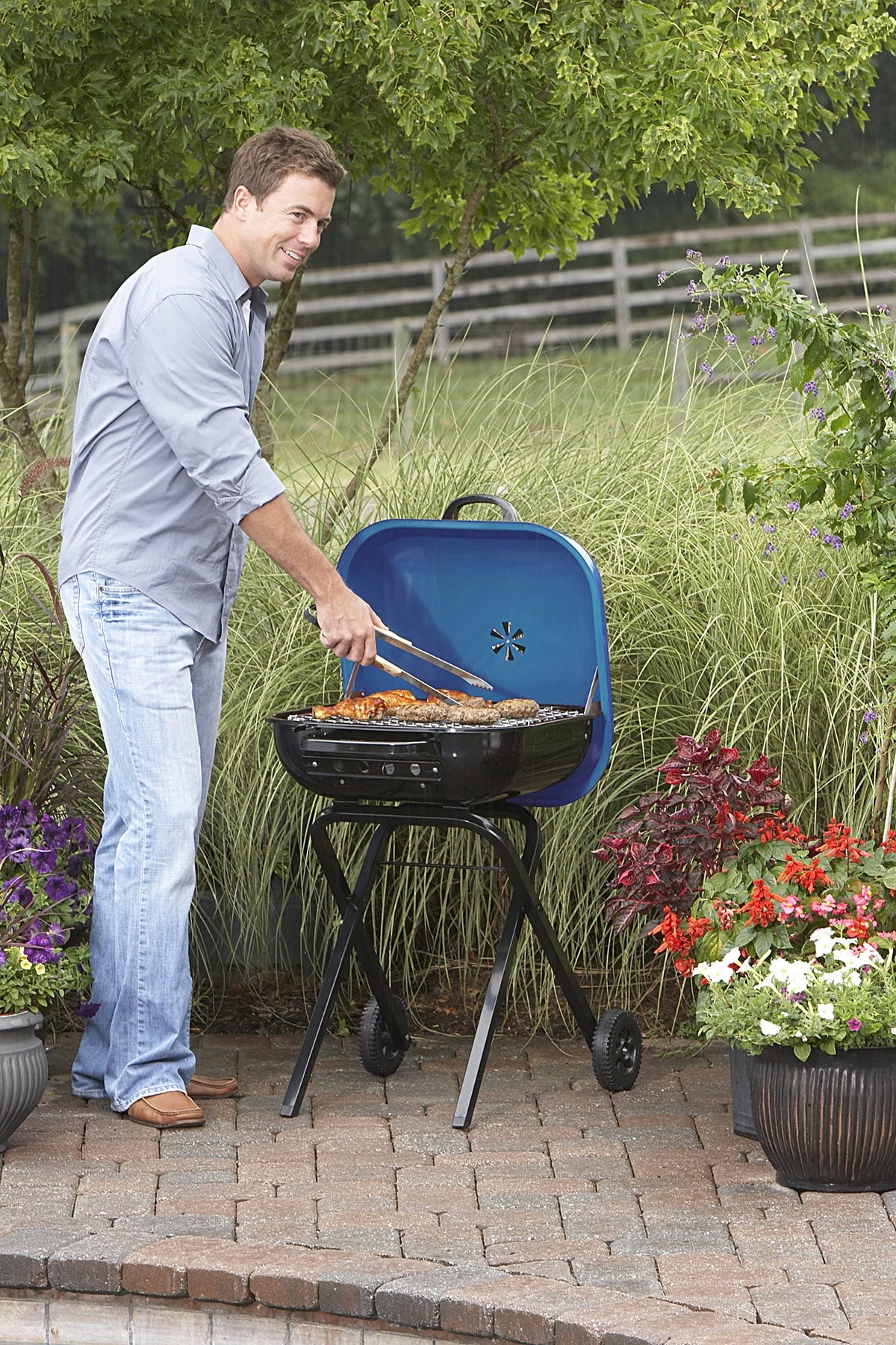 Americana Walk-A-Bout, Original Square Charcoal Grill-100% Pre-Assembled Portable Steel, Blue