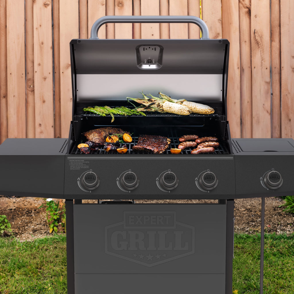 Expert Grill, 4-Burner Propane Gas Grill with Side Table and Wheels, Stainless Steel