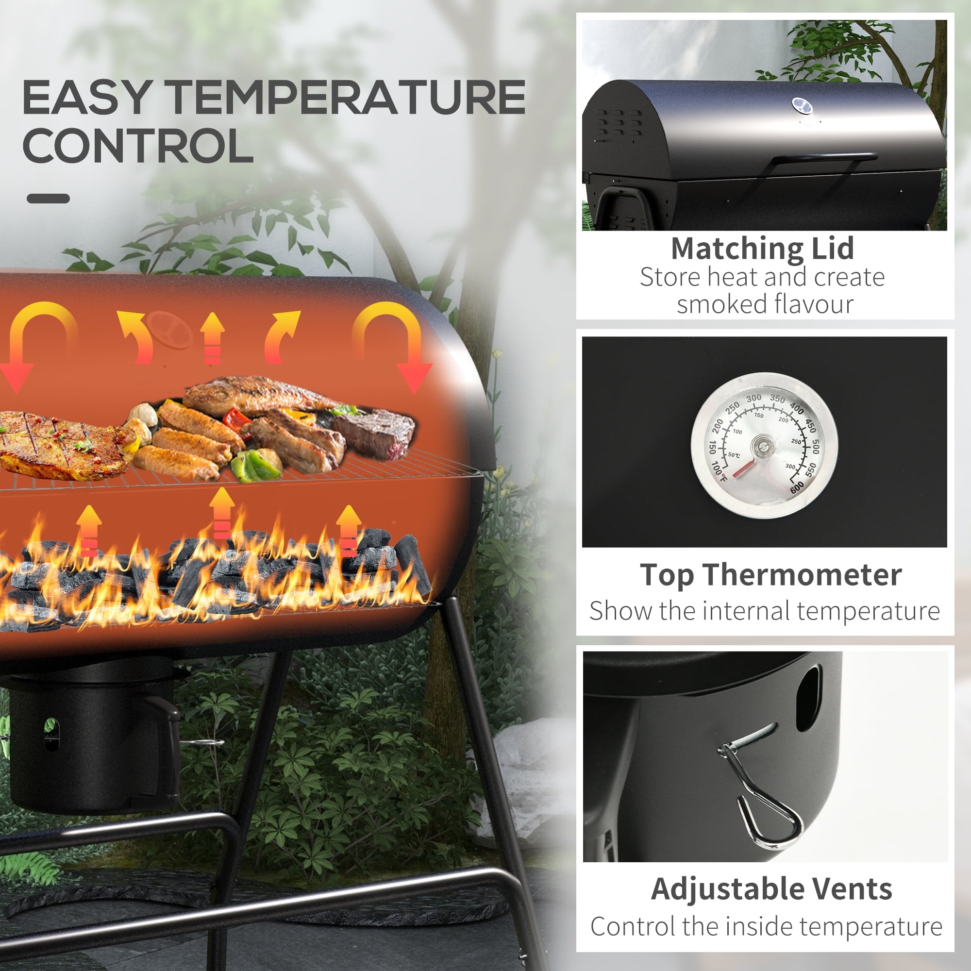 Outsunny Barrel Charcoal BBQ Grill with 420 sq.in. Cooking Area, Wheeled Outdoor Barbecue, Black