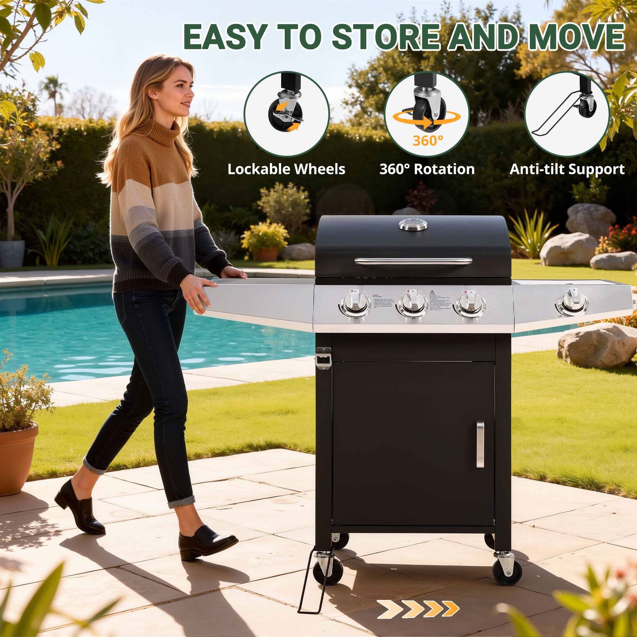 Enyopro 3-Burner Propane Gas Grill, 30000 BTU BBQ Grill with Foldable Side Table, Stainless Steel Warming Rack, Hooks, and Built-In Bottle Opener for Outdoor Barbecue
