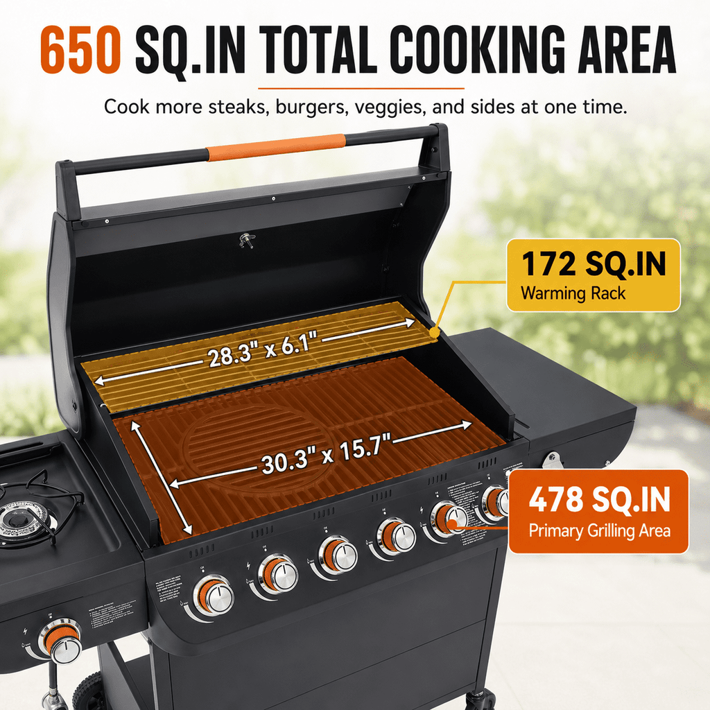 6-Burner Propane Gas Grill with Side Burner, 59000 BTU Outdoor BBQ Grill with Porcelain-Enameled Grates, Warming Rack, Side Tables, Bottle Opener, Thermometer and Wheels for Patio Backyard Cooking