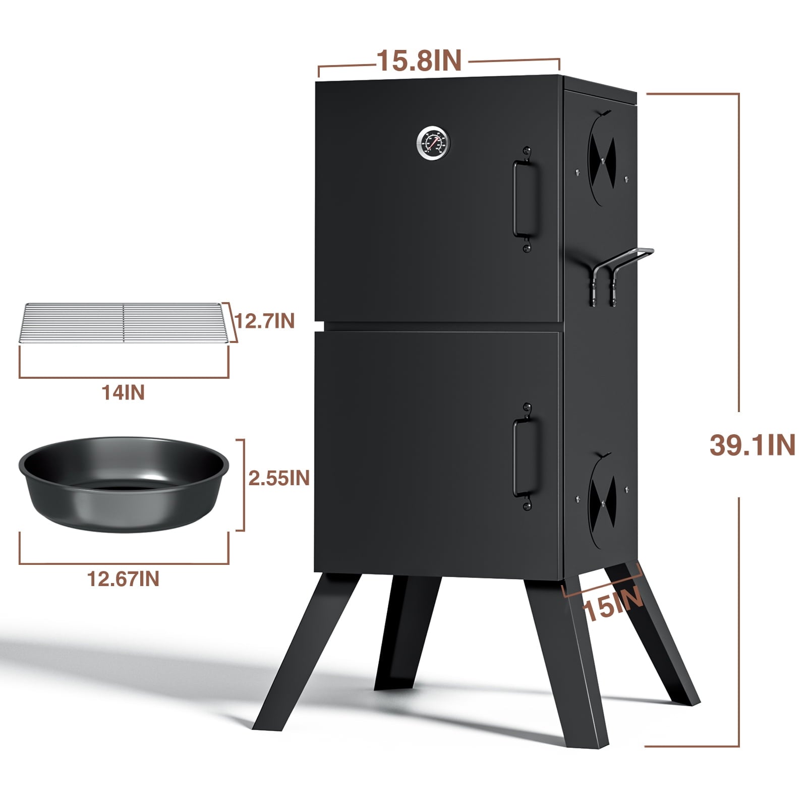 Kingchii Vertical Charcoal Smoker BBQ Grill with Built-in Thermometer, Portable Smoker for Backyard, Camping, Barbecue, and Outdoor Grilling