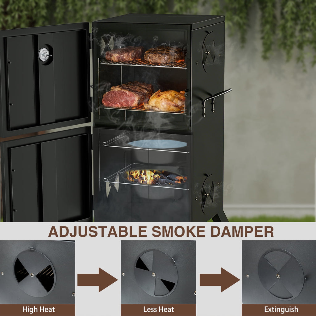 Kingchii Vertical Charcoal Smoker BBQ Grill with Built-in Thermometer, Portable Smoker for Backyard, Camping, Barbecue, and Outdoor Grilling