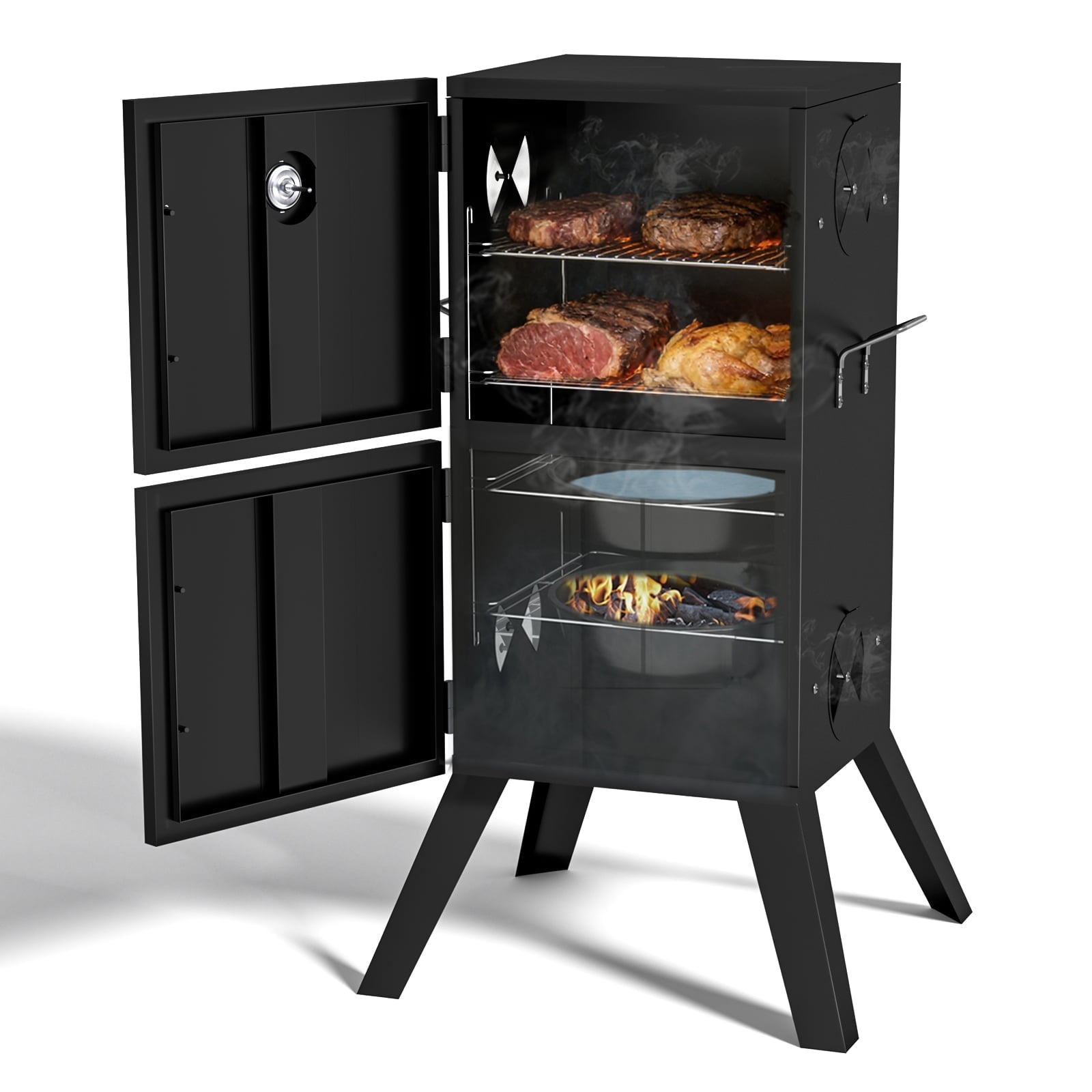 Kingchii Vertical Charcoal Smoker BBQ Grill with Built-in Thermometer, Portable Smoker for Backyard, Camping, Barbecue, and Outdoor Grilling